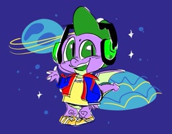 Size: 1907x1477 | Tagged: safe, artist:b0uncy-ball, imported from derpibooru, spike, dragon, clothes, headphones, male, planet, shoes, space, winged spike, wings