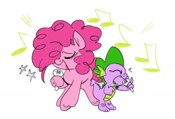 Size: 1857x1262 | Tagged: safe, artist:b0uncy-ball, imported from derpibooru, pinkie pie, spike, dragon, earth pony, pony, female, male, mare, microphone, music notes, singing