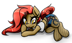 Size: 4024x2434 | Tagged: safe, artist:jetwave, imported from derpibooru, oc, oc only, oc:dala vault, earth pony, pony, clothes, female, fishnets, food, gum, high res, lying down, mare, midriff, panties, pink underwear, shirt, shorts, simple background, solo, t-shirt, underwear, white background