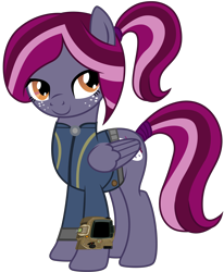 Size: 4120x5000 | Tagged: safe, artist:ponygamer2020, imported from derpibooru, oc, oc only, oc:spotlight splash, pegasus, pony, equestria daily, fallout equestria, absurd resolution, bedroom eyes, clothes, equestria daily mascots, fallout, female, folded wings, freckles, jumpsuit, looking at you, mare, mascot, multicolored mane, multicolored tail, pegasus oc, pipboy, ponytail, simple background, smiling, smiling at you, solo, standing, tail, tail wrap, transparent background, vault suit, vector, wings