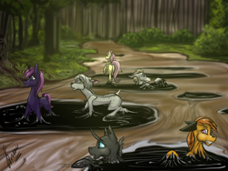 Size: 4000x3000 | Tagged: safe, artist:stirren, imported from derpibooru, fluttershy, oc, goo, pegasus, pony, butt, commission, female, forest, forest background, liquid latex, mare, multiple characters, plot, quicksand, sinking, stuck, tar, ych result