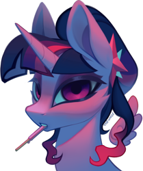 Size: 1590x1900 | Tagged: safe, artist:rrd-artist, imported from derpibooru, twilight sparkle, alicorn, pony, bust, collaboration, collaboration:too many twilight, floating wings, food, high res, pocky, portrait, simple background, solo, transparent background, twilight sparkle (alicorn), wings