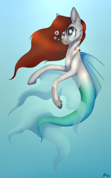 Size: 1936x3098 | Tagged: safe, artist:clarissa0210, imported from derpibooru, oc, oc only, merpony, seapony (g4), art challenge, blue background, bubble, dorsal fin, fish tail, flowing mane, flowing tail, ocean, red mane, signature, simple background, solo, swimming, tail, underwater, water