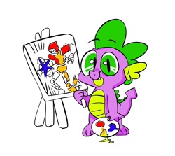 Size: 1490x1329 | Tagged: safe, artist:b0uncy-ball, imported from derpibooru, spike, dragon, robot, art, canvas, cute, easel, fight, looking at you, male, paint, paintbrush, painting, palette, simple background, solo, spikabetes, white background