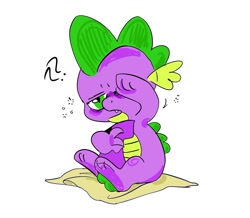 Size: 1465x1277 | Tagged: source needed, safe, artist:b0uncy-ball, imported from derpibooru, spike, dragon, blanket, cute, hug, male, open mouth, question mark, simple background, sitting, sleepy, solo, spikabetes, tail, tail hug, white background