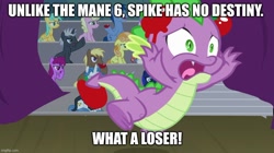 Size: 888x499 | Tagged: safe, edit, edited screencap, imported from ponybooru, screencap, spike, dragon, horse play, abuse, background pony strikes again, booing, food, imgflip, male, meme, op isn't even trying anymore, spikeabuse, stage, text, tomato, tomatoes