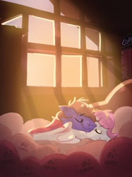 Size: 894x1194 | Tagged: safe, artist:imsokyo, imported from ponybooru, oc, oc:bizarre song, oc:sugar morning, earth pony, pegasus, pony, coffee, commission, crepuscular rays, female, male, mare, oc x oc, shipping, sleeping, stallion, straight, sugarre