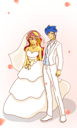Size: 720x1196 | Tagged: safe, artist:artisticdemonn, imported from derpibooru, flash sentry, sunset shimmer, equestria girls, clothes, dress, female, flashimmer, male, marriage, request, shipping, straight, wedding, wedding dress