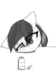 Size: 768x1024 | Tagged: safe, artist:coarfdraw, imported from derpibooru, coloratura, earth pony, pony, blank stare, ear fluff, eye clipping through hair, floppy ears, medicine, monochrome, sick, solo, table