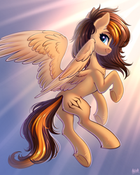 Size: 2200x2750 | Tagged: safe, artist:hakaina, imported from derpibooru, oc, oc only, oc:aerion featherquill, pegasus, pony, chest fluff, commission, concave belly, female, fluffy, flying, high res, looking back, mare, slim, solo, thin, underhoof, wing fluff, wings, ych result