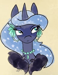 Size: 487x626 | Tagged: safe, artist:boredtabletfilly, imported from derpibooru, princess luna, alicorn, pony, bust, feather boa, female, jewelry, mare, necklace, solo