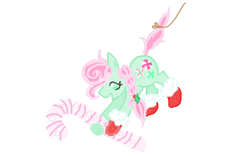 Size: 640x400 | Tagged: safe, artist:boredtabletfilly, imported from derpibooru, minty, pony, a very minty christmas, candy, candy cane, christmas, christmas stocking, clothes, food, holiday, no pupils, simple background, socks, solo, white background