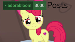 Size: 1280x720 | Tagged: safe, edit, edited screencap, imported from derpibooru, screencap, apple bloom, earth pony, pony, derpibooru, hearthbreakers, adorabloom, apple bloom's bow, blushing, bow, cute, female, filly, hair bow, happy, meta, smiling, solo, tags