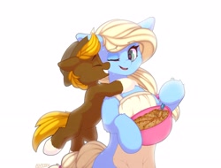 Size: 3961x3017 | Tagged: safe, artist:avery-valentine, imported from derpibooru, oc, oc only, oc:acres, earth pony, pony, apron, child, clothes, commission, cooking, cute, female, hat, high res, hug, kid, male, mother and child, mother and son, simple background, smiling, white background