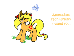 Size: 1275x973 | Tagged: safe, artist:boredtabletfilly, imported from derpibooru, applejack, butterfly, earth pony, pony, alternate hairstyle, female, hat, looking at something, mare, pigtails, positive message, positive ponies, simple background, solo, text, twintails, white background