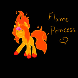 Size: 512x512 | Tagged: safe, artist:boredtabletfilly, imported from derpibooru, pony, unicorn, adventure time, black background, dot eyes, flame princess, heart, jewelry, mane of fire, ponified, simple background, solo, tail, tail of fire, tiara