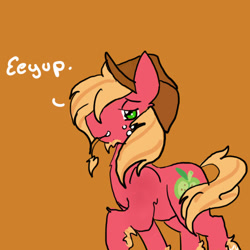 Size: 512x512 | Tagged: safe, artist:boredtabletfilly, imported from derpibooru, big macintosh, earth pony, pony, applejack's hat, beard, brown background, cowboy hat, eeyup, facial hair, fetlock tuft, hat, hay stalk, male, missing accessory, simple background, solo, stallion, unshorn fetlocks