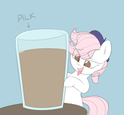 Size: 856x790 | Tagged: safe, artist:lyrabop, imported from derpibooru, oc, oc only, oc:lyrabop, earth pony, pony, beret, blue background, cup, drink, earth pony oc, eye clipping through hair, eyebrows, eyebrows visible through hair, glass, hat, open mouth, open smile, pilk, simple background, smiling, solo, table, tongue out