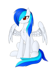 Size: 1217x1740 | Tagged: safe, artist:arrogant shadow, imported from derpibooru, oc, oc only, oc:arrogant shadow, pegasus, pony, derpibooru community collaboration, 2022 community collab, blue hair, chest fluff, feathered wings, frown, male, not vinyl scratch, pegasus oc, red eyes, simple background, sitting, solo, spread wings, stallion, transparent background, two toned mane, wings
