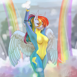 Size: 1280x1280 | Tagged: safe, artist:artem66633, imported from derpibooru, rainbow dash, anthro, pegasus, bodysuit, breasts, clothes, rainbow falls (location), rainbow waterfall, solo, uniform, wonderbolts uniform