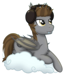 Size: 600x582 | Tagged: source needed, safe, artist:whitequartztheartist, imported from derpibooru, oc, oc only, oc:devin, bat pony, derpibooru community collaboration, 2022 community collab, cloud, cute, fangs, happy, headphones, listening to music, looking at something, lying down, lying on a cloud, on a cloud, simple background, smiling, solo, transparent background