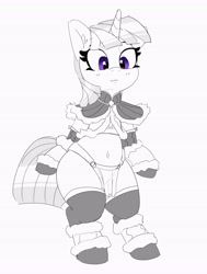 Size: 3103x4096 | Tagged: safe, artist:pabbley, imported from derpibooru, twilight sparkle, pony, unicorn, belly button, bipedal, clothes, cosplay, costume, female, grayscale, loincloth, looking at you, mare, monochrome, partial color, simple background, smiling, smiling at you, socks, solo, stockings, thigh highs, unicorn twilight, white background, wide hips