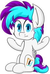 Size: 1393x2035 | Tagged: safe, artist:machstyle, imported from derpibooru, oc, oc only, oc:machstyle, pegasus, pony, :i, big ears, looking at you, poofy mane, shrug, simple background, sitting, solo, transparent background