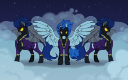 Size: 1900x1200 | Tagged: safe, artist:pigeorgien, imported from derpibooru, descent, nightshade, pegasus, pony, clothes, cloud, costume, evil, female, male, mare, raised hoof, shadowbolts, shadowbolts (nightmare moon's minions), shadowbolts costume, spread wings, stallion, trio, wings