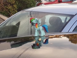 Size: 1238x928 | Tagged: safe, artist:dingopatagonico, imported from derpibooru, rainbow dash, pony, car, irl, photo, reflection, solo, sunglasses, toy