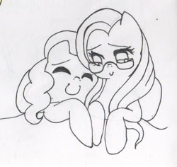 Size: 1208x1142 | Tagged: safe, artist:nabirar, imported from derpibooru, fluttershy, pinkie pie, earth pony, pegasus, pony, cuddling, duo, female, flutterpie, glasses, grayscale, ink drawing, lesbian, monochrome, shipping, smiling, traditional art