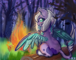 Size: 1200x960 | Tagged: safe, artist:xi wen, imported from derpibooru, oc, oc only, oc:jimo, pegasus, pony, back, campfire, evening, fire, forest, log, solo