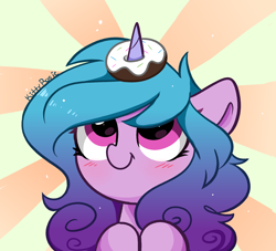 Size: 5096x4618 | Tagged: safe, artist:kittyrosie, imported from derpibooru, izzy moonbow, pony, unicorn, absurd resolution, blushing, cute, donut, female, food, g5, horn, horn impalement, izzybetes, looking up, mare, my little pony: a new generation, simple background, smiling, solo, the uses of unicorn horns