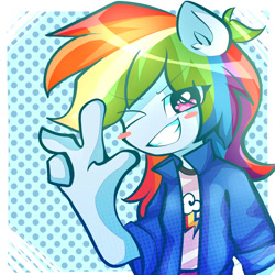 Size: 2000x2000 | Tagged: safe, artist:kairochan, imported from derpibooru, rainbow dash, equestria girls, blush sticker, blushing, clothes, cutie mark, cutie mark on clothes, four fingers, grin, high res, one eye closed, pony ears, shirt, smiling, solo, wink