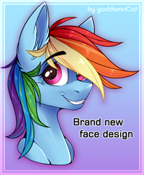 Size: 1328x1612 | Tagged: safe, artist:goddamncat, imported from derpibooru, rainbow dash, pegasus, pony, bust, cute, dashabetes, female, looking at you, mare, portrait, smiling, smiling at you, smirk, solo, updated, updated design