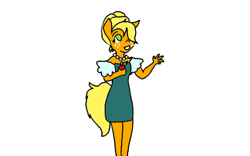 Size: 640x400 | Tagged: safe, artist:boredtabletfilly, imported from derpibooru, applejack, anthro, earth pony, alternate hairstyle, apple, clothes, dress, female, food, jewelry, necklace, old art, simple background, solo, white background