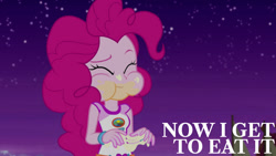 Size: 1280x720 | Tagged: safe, edit, edited screencap, editor:quoterific, imported from derpibooru, screencap, pinkie pie, equestria girls, legend of everfree, aweeg*, camp everfree outfits, cute, diapinkes, eyes closed, female, food, marshmallow, messy eating, night, puffy cheeks, smiling, solo