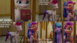 Size: 1280x720 | Tagged: safe, edit, edited screencap, editor:quoterific, imported from derpibooru, screencap, izzy moonbow, sunny starscout, zipp storm, earth pony, pegasus, pony, unicorn, spoiler:my little pony: a new generation, ball, book, female, g5, izzy's tennis ball, mare, medium sneaky, my little pony: a new generation, open mouth, open smile, smiling, tennis ball