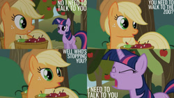 Size: 1280x720 | Tagged: safe, edit, edited screencap, editor:quoterific, imported from derpibooru, screencap, applejack, twilight sparkle, earth pony, pony, unicorn, applebuck season, season 1, apple, applejack's hat, cowboy hat, eyes closed, female, food, hat, mare, open mouth, tree, unicorn twilight