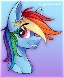 Size: 1328x1612 | Tagged: safe, alternate version, artist:goddamncat, imported from derpibooru, rainbow dash, pegasus, pony, bust, cute, dashabetes, female, looking at you, mare, portrait, smiling, smiling at you, smirk, solo, textless version, updated, updated design