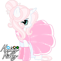 Size: 2048x2048 | Tagged: safe, artist:mommymidday, imported from derpibooru, oc, oc only, oc:mommy midday, pony, unicorn, bedroom eyes, clothes, dress, hair bun, high res, latex, latex dress, latex socks, long hair, looking at you, rubber, rubber dress, shiny, show accurate, signature, simple background, socks, solo, transparent background