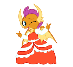 Size: 1298x1200 | Tagged: safe, artist:rainshadow, imported from derpibooru, smolder, dragon, clothes, dragoness, dress, female, one eye closed, open mouth, open smile, simple background, smiling, solo, white background, wink