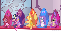 Size: 4500x2300 | Tagged: safe, artist:just-silvushka, imported from derpibooru, princess flurry heart, sunset shimmer, twilight sparkle, oc, alicorn, pony, the last problem, alicorn thrones, alicornified, base used, eyelashes, female, mare, older, older flurry heart, older twilight, princess twilight 2.0, race swap, shimmercorn, throne, twilight sparkle (alicorn)