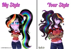 Size: 1754x1213 | Tagged: safe, artist:brot-art, imported from derpibooru, equestria girls, blushing, clothes, crossed arms, duo, female, multicolored hair, pants, rainbow hair, signature, simple background, smiling, style comparison, white background