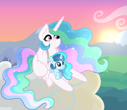 Size: 1388x1200 | Tagged: safe, artist:madlilon2051, imported from derpibooru, princess celestia, oc, alicorn, pony, alicorn oc, base used, eyelashes, female, horn, mare, offspring, outdoors, smiling, sunrise, wings