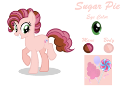 Size: 1092x746 | Tagged: safe, artist:snowflakefrostyt, imported from derpibooru, oc, oc only, oc:sugar pie, earth pony, pony, base used, candy, earth pony oc, female, food, grin, lollipop, mare, raised hoof, raised tail, reference sheet, simple background, smiling, solo, tail, white background