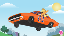 Size: 1600x900 | Tagged: artist needed, source needed, useless source url, safe, imported from derpibooru, applejack, earth pony, pony, car, dukes of hazzard, solo, yeehaw