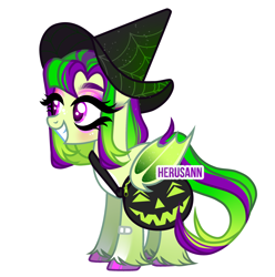 Size: 2400x2417 | Tagged: safe, artist:herusann, imported from derpibooru, oc, oc only, bat pony, pony, base used, bat pony oc, bat wings, blushing, eyelashes, grin, halloween, hat, high res, holiday, hoof polish, jack-o-lantern, makeup, pumpkin, simple background, smiling, solo, unshorn fetlocks, white background, wings, witch hat