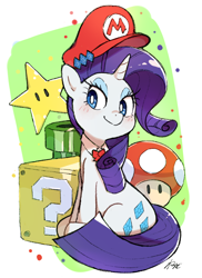 Size: 1322x1814 | Tagged: safe, artist:fuyugi, imported from derpibooru, rarity, pony, unicorn, ? block, block, bowtie, cap, female, hat, mare, mario, mario hat, mario's hat, mushroom, question mark, sitting, solo, super mario bros., super mushroom, super star, white pupils