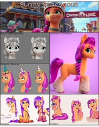 Size: 720x924 | Tagged: safe, artist:imalou, artist:jonatancatalan, artist:veronica alvarez, edit, edited screencap, imported from derpibooru, screencap, sunny starscout, earth pony, pony, spoiler:my little pony: a new generation, background pony, collage, concept art, cropped, fake horn, female, g5, glasses, mare, maretime bay, my little pony: a new generation