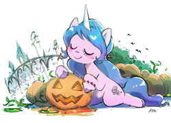 Size: 1387x996 | Tagged: safe, artist:fuyugi, imported from derpibooru, izzy moonbow, pony, unicorn, blushing, bracelet, cute, eyes closed, female, g5, halloween, holiday, izzybetes, jack-o-lantern, jewelry, mare, my little pony: a new generation, pumpkin, solo, unshorn fetlocks